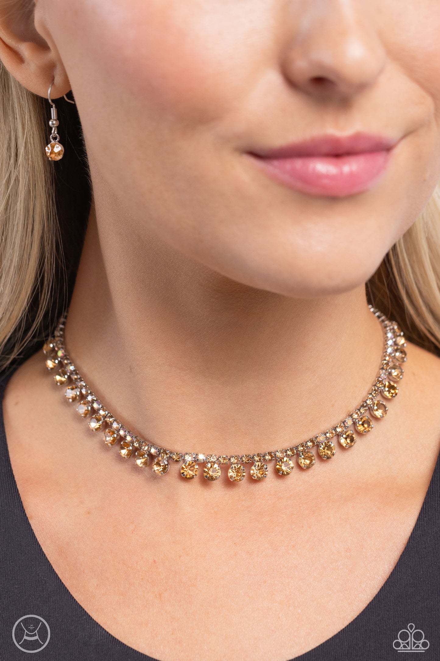 Ritzy Rhinestones - Brown and Iridescent Rhinestone Silver Choker Necklace