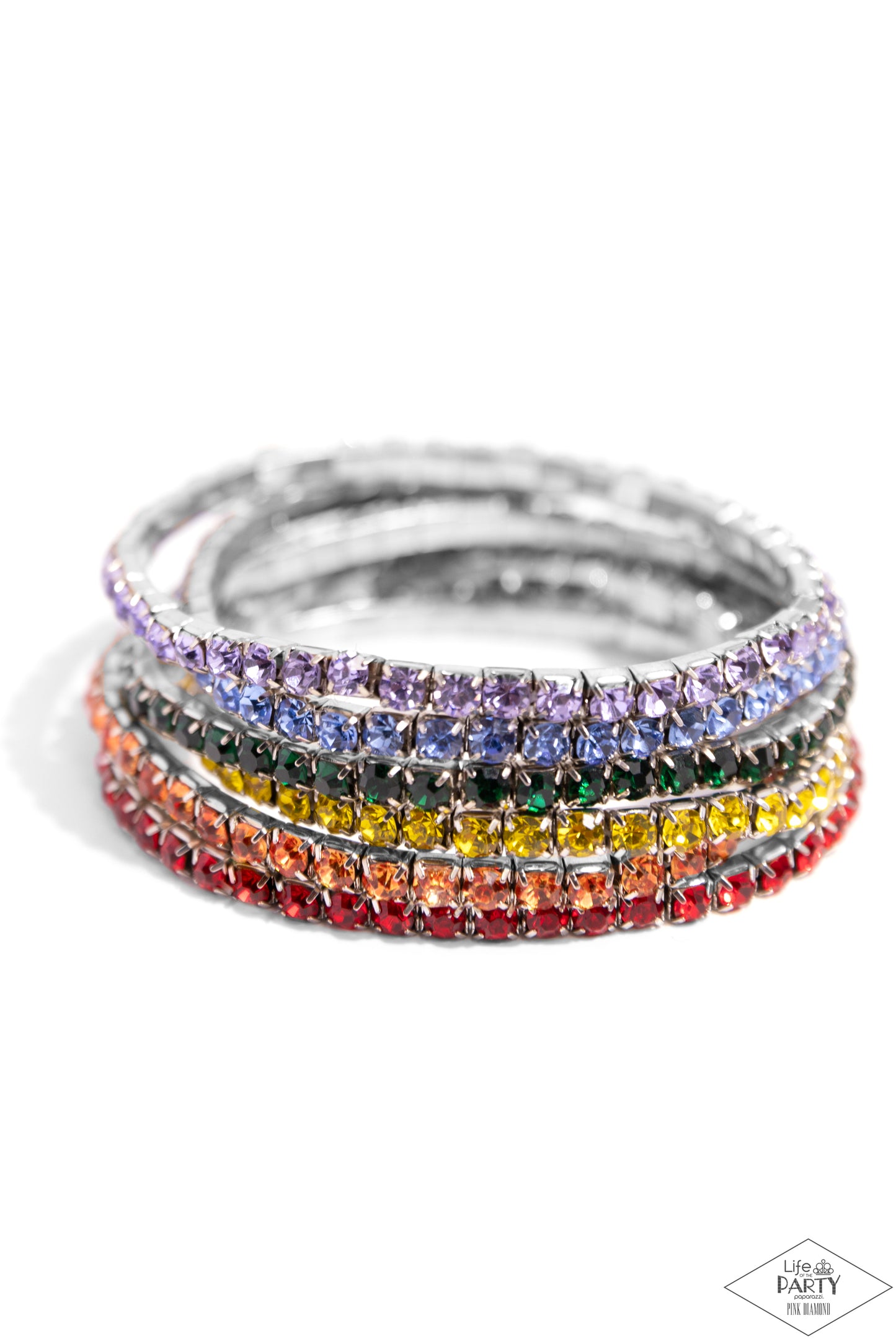 Rock Candy Range - Multi Rainbow Rhinestone Silver Stretchy Six-Bracelet Set - Life or the Party Pink Diamond Exclusive