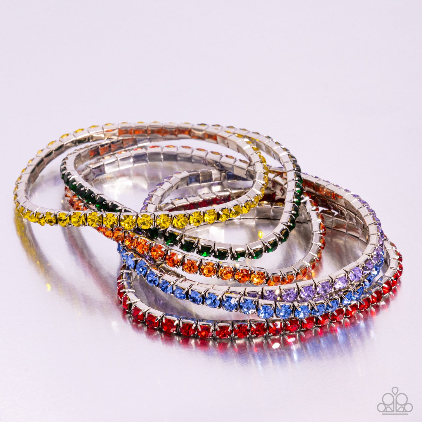 Rock Candy Range - Multi Rainbow Rhinestone Silver Stretchy Six-Bracelet Set - Life or the Party Pink Diamond Exclusive