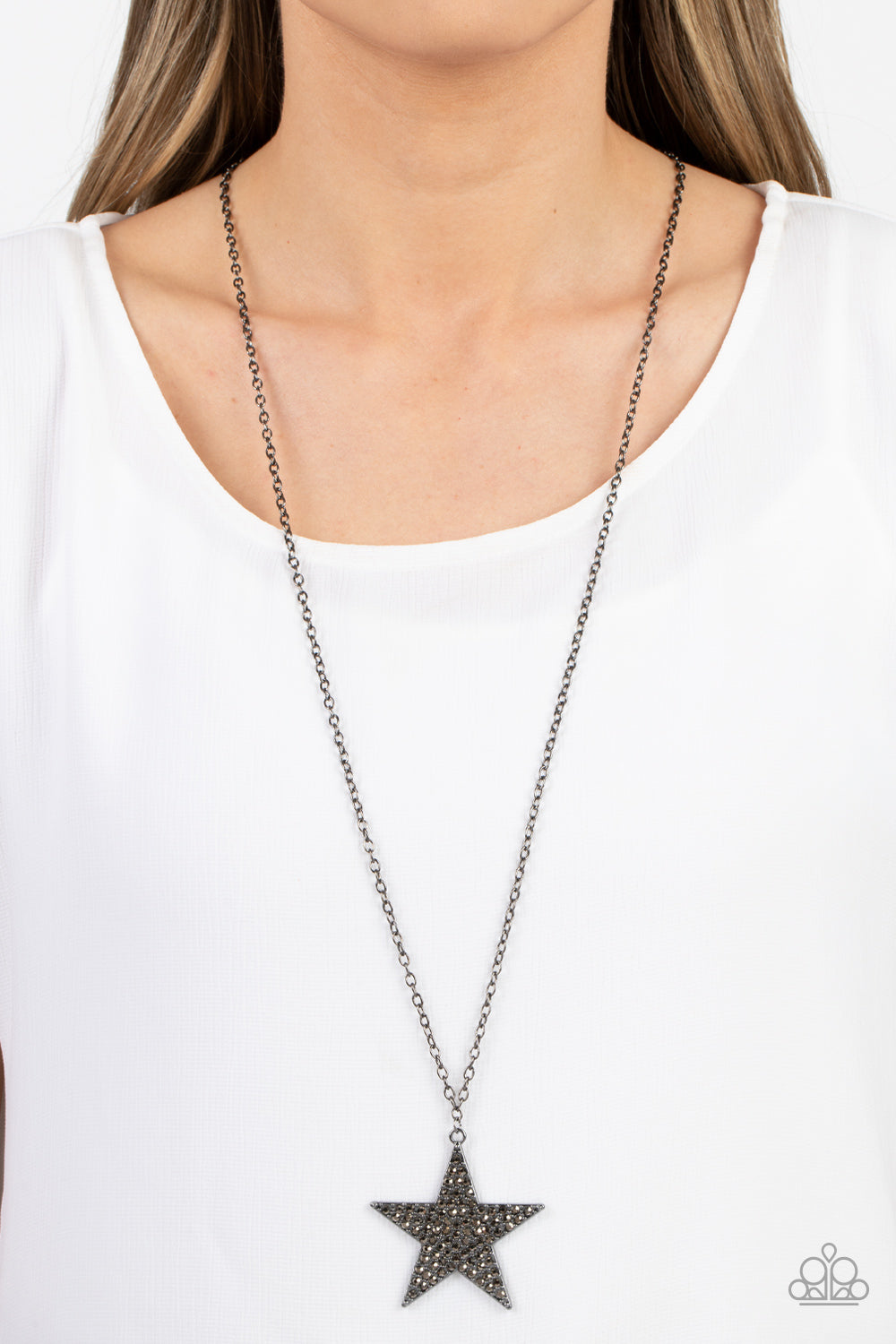Rock Star Sparkle - Black Star Hematite Rhinestone Long Gunmetal Necklace