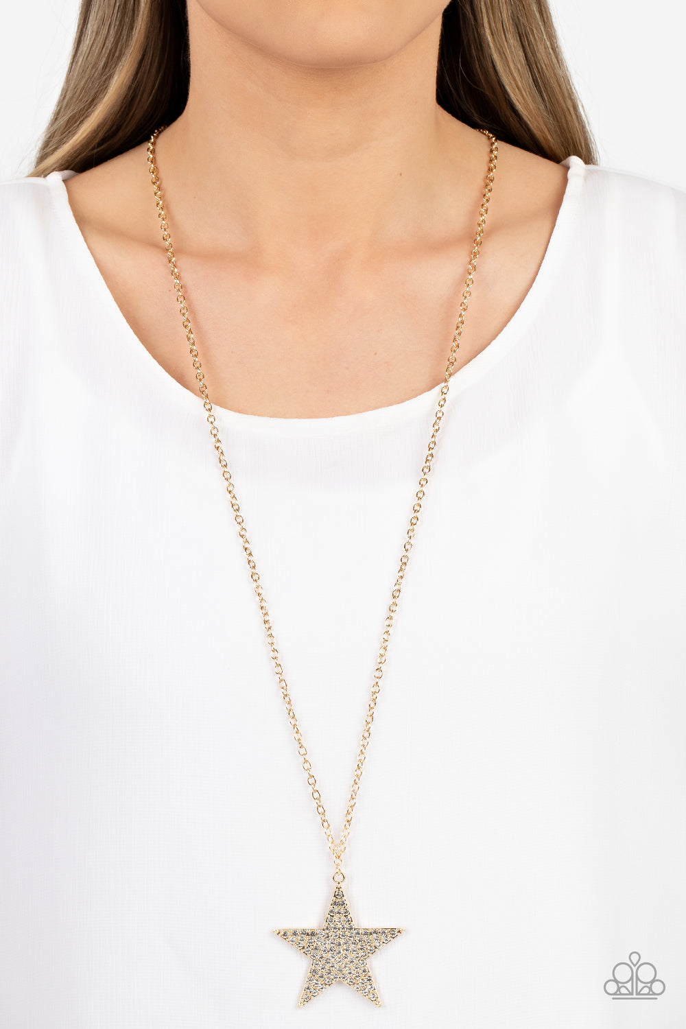 Rock Star Sparkle - Gold with White Rhinestone Pendant Star Long Necklace
