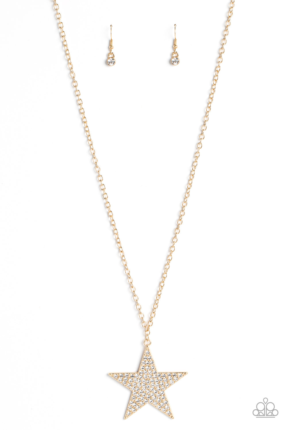 Rock Star Sparkle - Gold with White Rhinestone Pendant Star Long Necklace