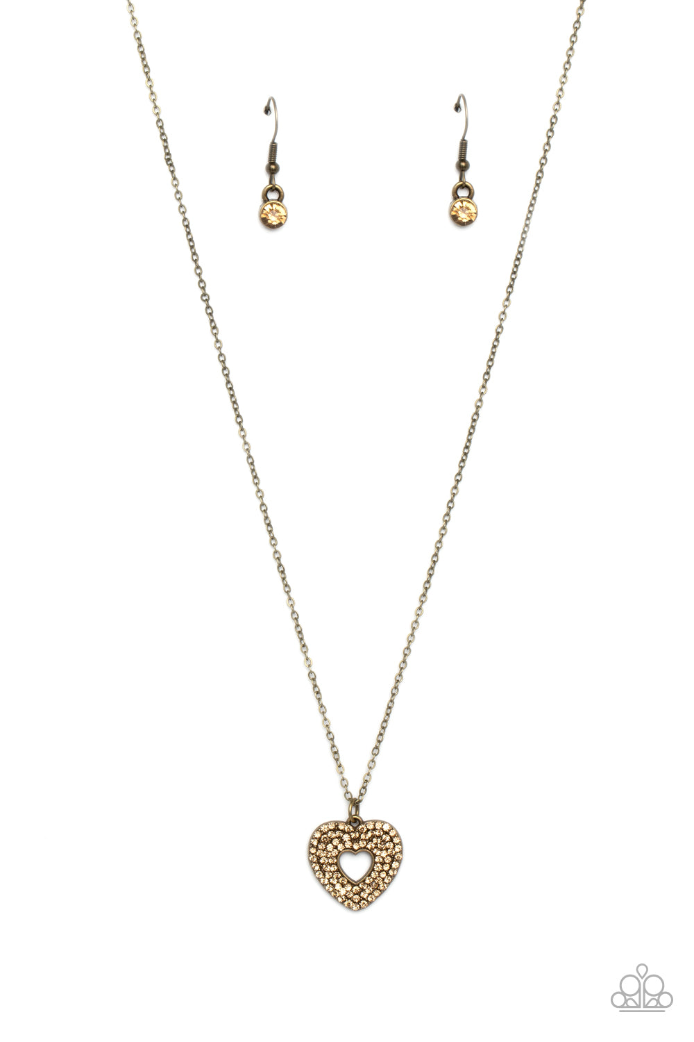 Romantic Retreat - Brass Topaz White Rhinestone Heart Pendant Short Necklace