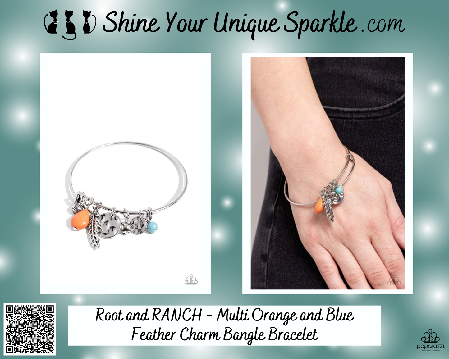 Root and RANCH - Multi Orange and Blue Feather Charm Bangle Bracelet