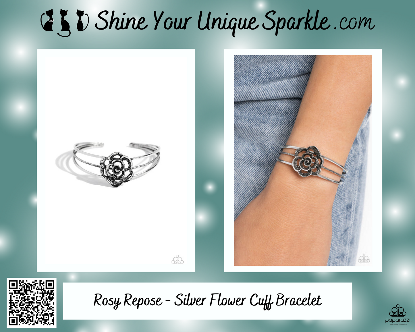 Rosy Repose - Silver Flower Cuff Bracelet