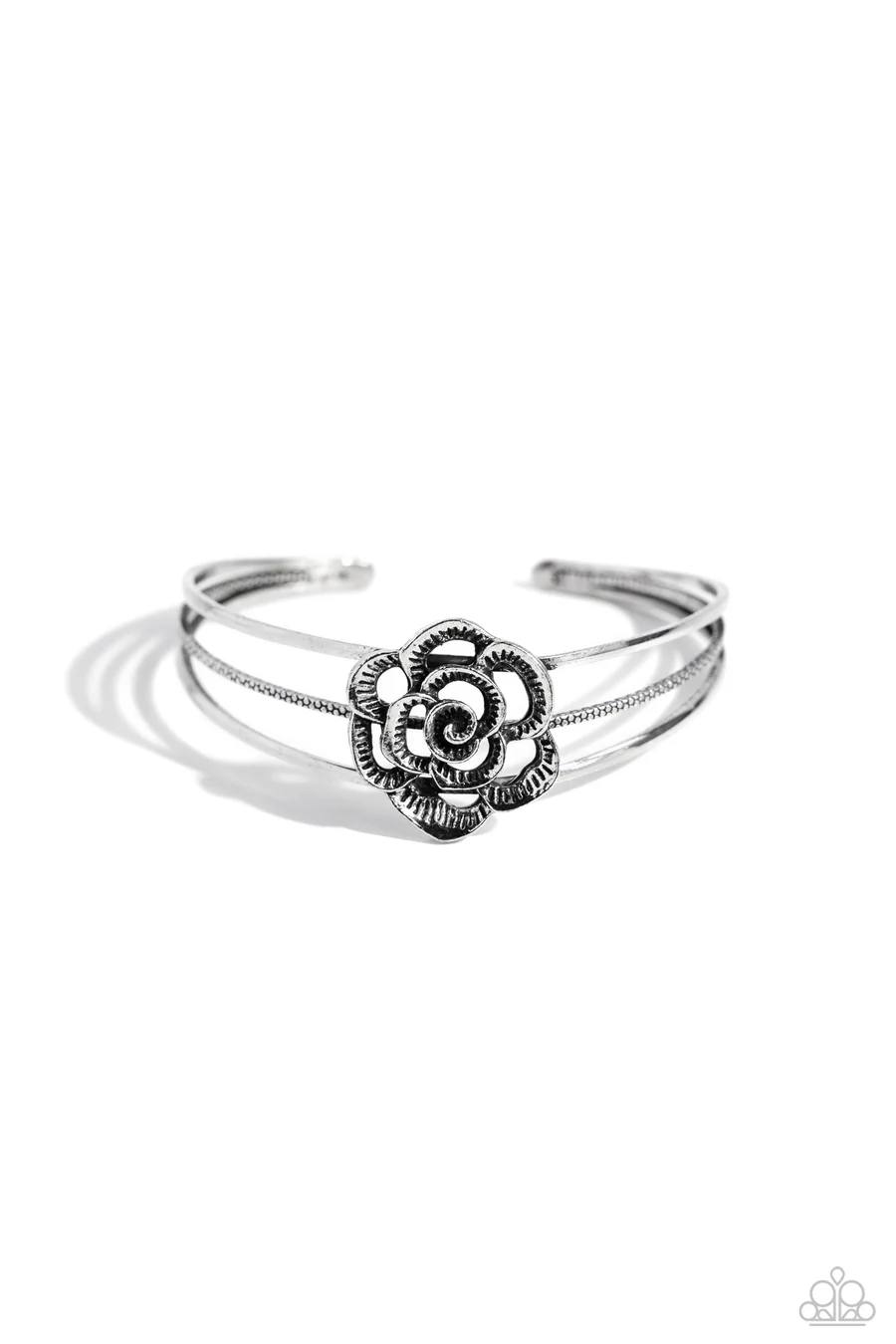 Rosy Repose - Silver Flower Cuff Bracelet