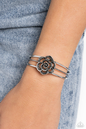 Rosy Repose - Silver Flower Cuff Bracelet