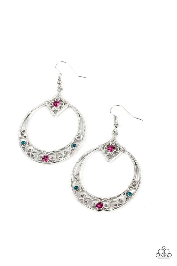 Royal Resort - Multi Blue and Pink Rhinestone Silver Circle Fishhook Earrings