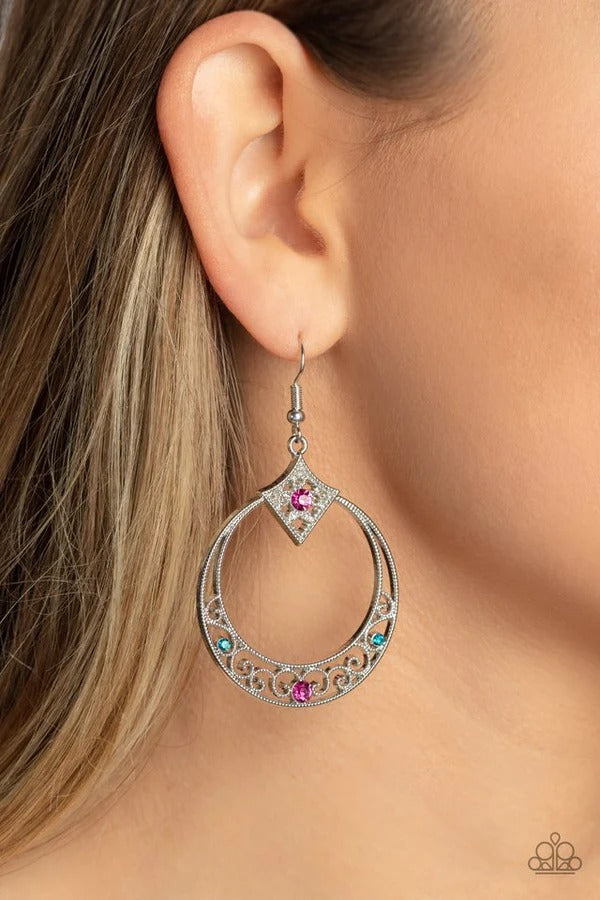 Royal Resort - Multi Blue and Pink Rhinestone Silver Circle Fishhook Earrings