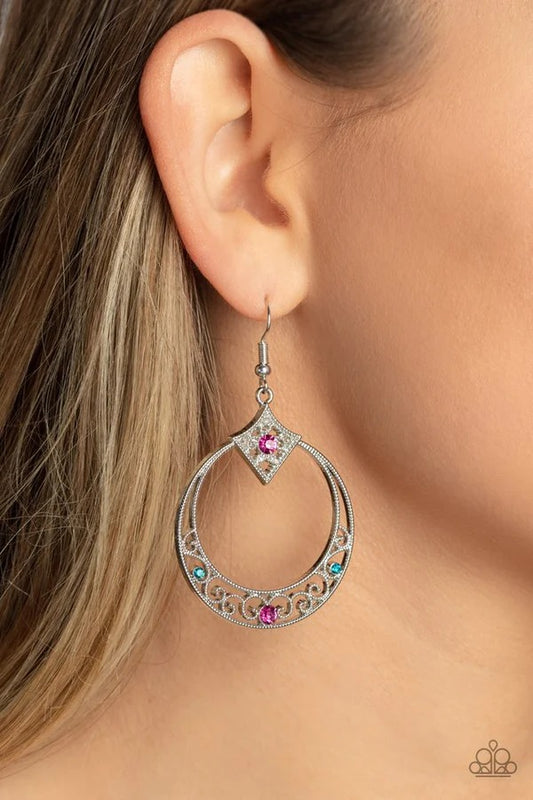 Royal Resort - Multi Blue and Pink Rhinestone Silver Circle Fishhook Earrings