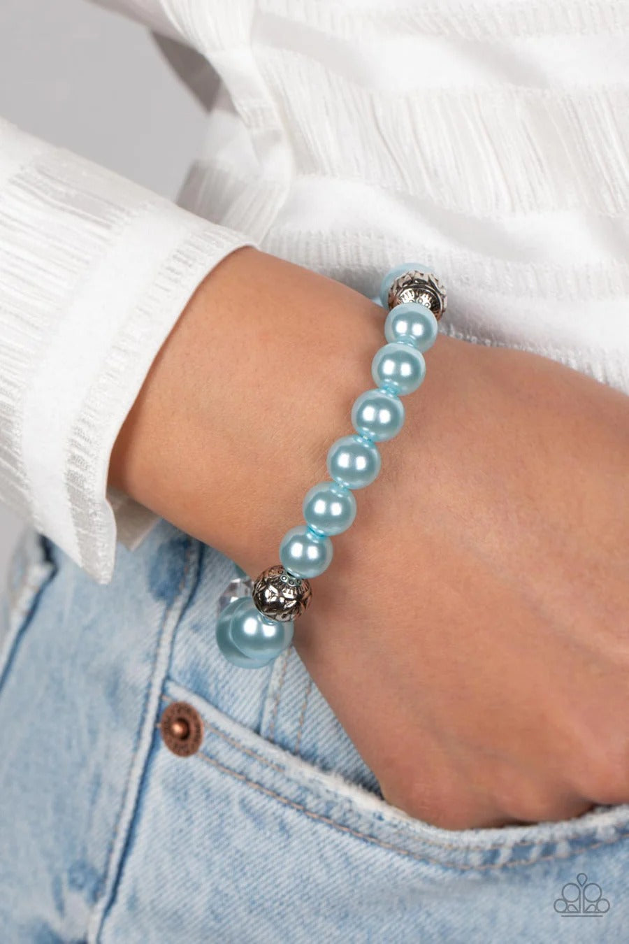 Royal Reward - Blue Pearl Clear Crystal Silver Accent Stretchy Bracelet