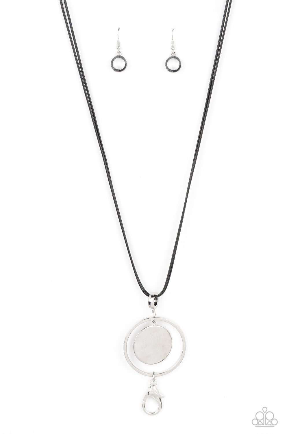 Rural Reflection - Black Cord Silver Disc Lanyard Long Necklace