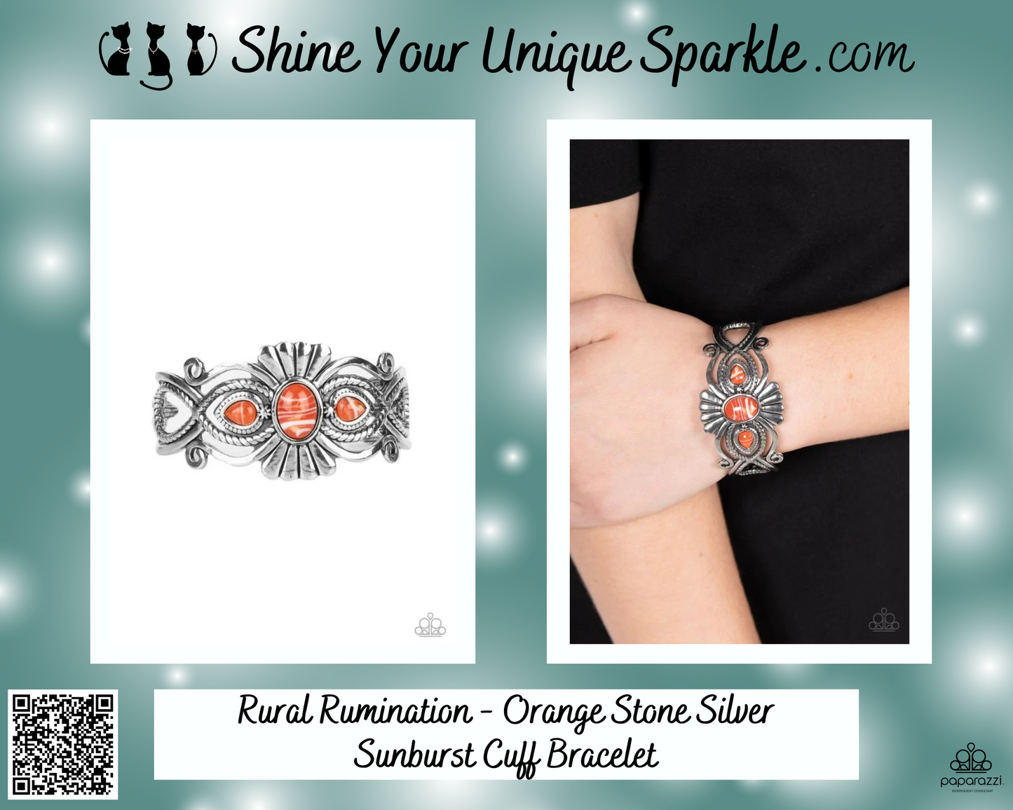 Rural Rumination - Orange Stone Silver Sunburst Cuff Bracelet