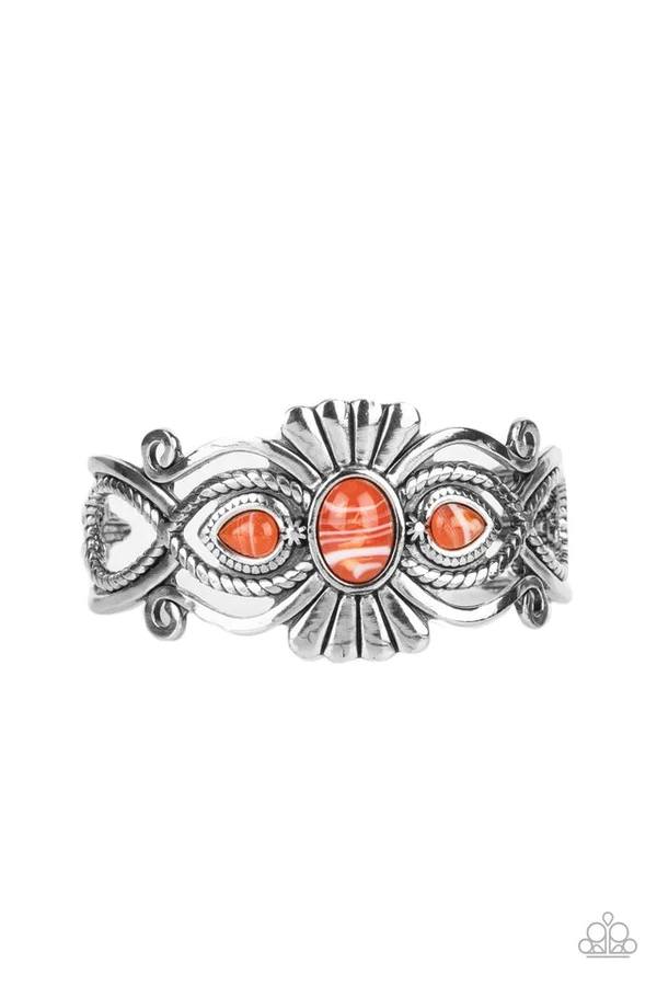Rural Rumination - Orange Stone Silver Sunburst Cuff Bracelet