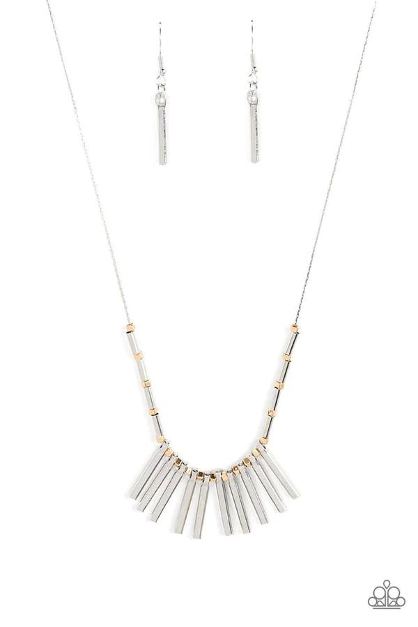 Rustic Hot Rod - Silver and Gold Cube Bar Fringe Medium Length Necklace