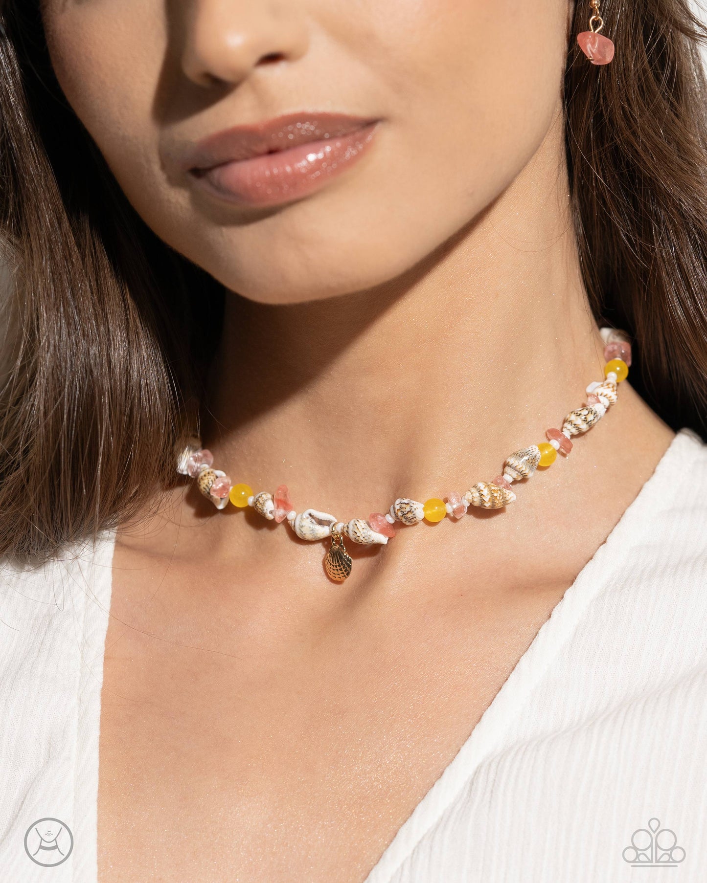 PERFECT MATCH / SET: SAND-sational Season - Multi White Pink Yellow Beachy Starfish Gold Choker Necklace AND SAND-sational Statement - Multi Yellow Orange Beachy Starfish Gold Clasp Bracelet
