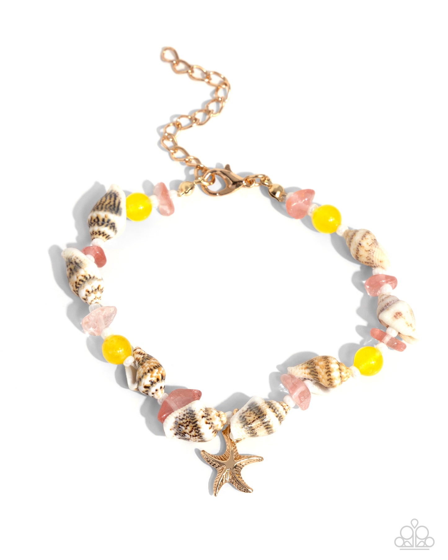 SAND-sational Statement - Multi Yellow Orange Beachy Starfish Gold Clasp Bracelet