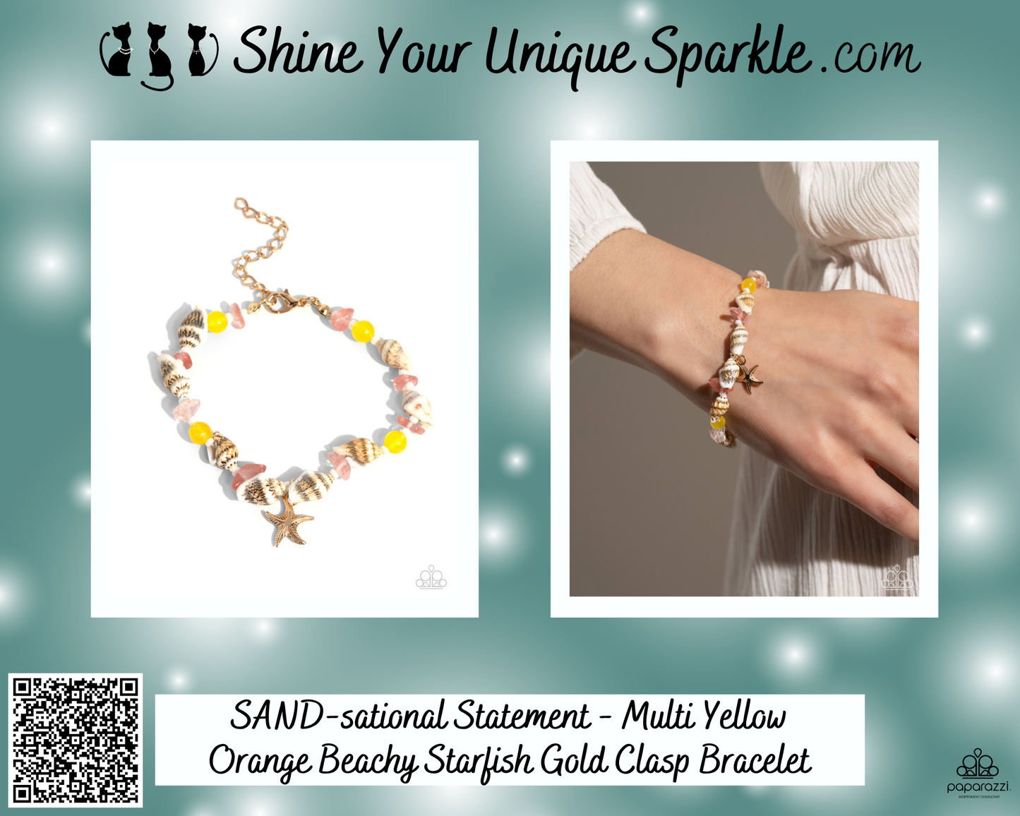 SAND-sational Statement - Multi Yellow Orange Beachy Starfish Gold Clasp Bracelet
