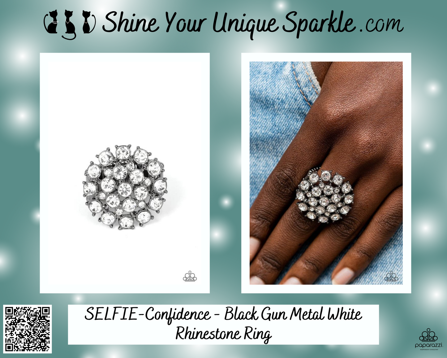 SELFIE-Confidence - Black Gun Metal White Rhinestone Ring