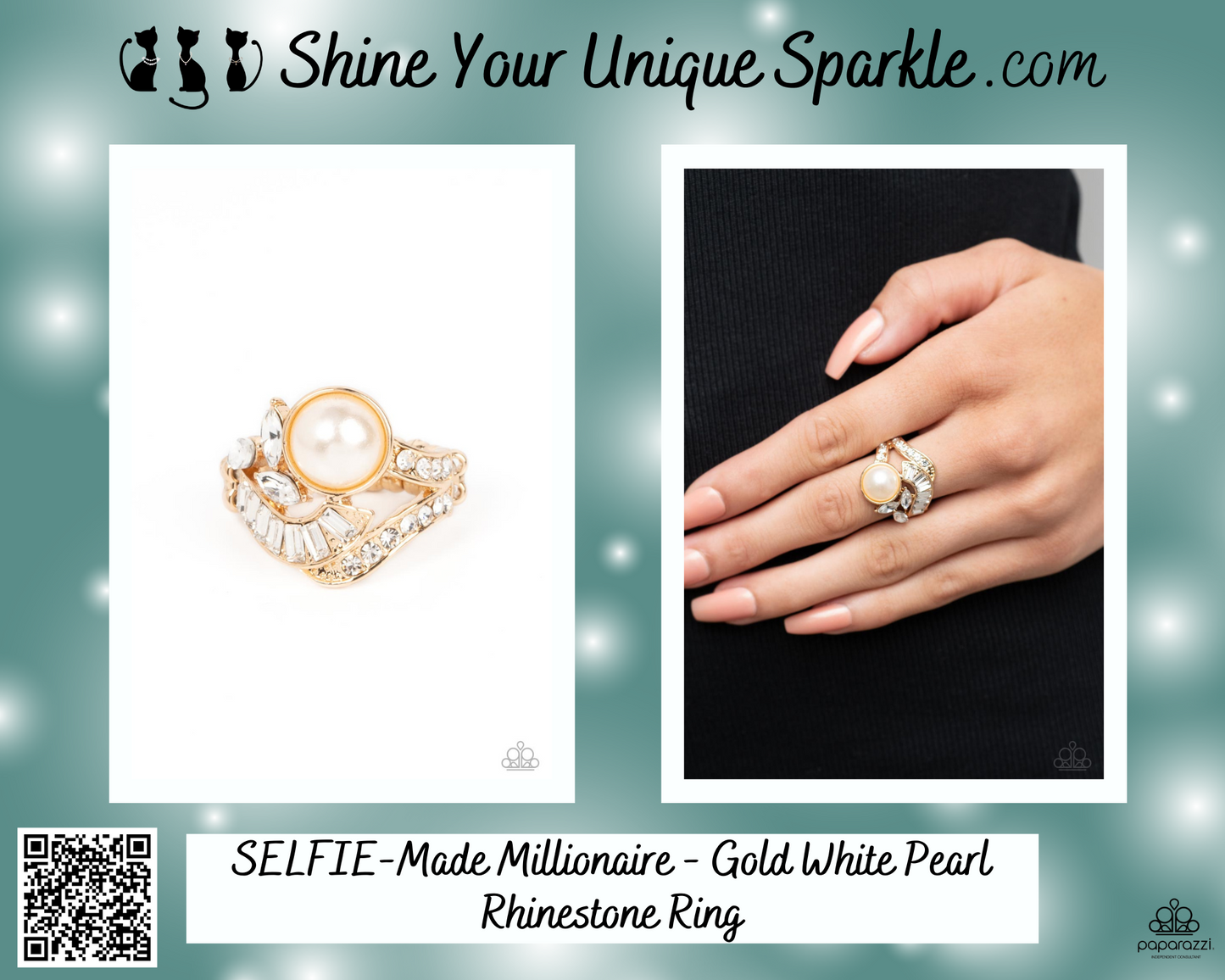 SELFIE-Made Millionaire - Gold White Pearl Rhinestone Ring