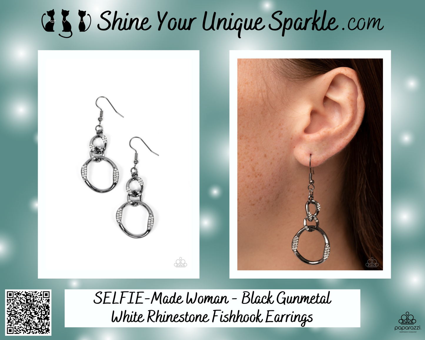 SELFIE-Made Woman - Black Gunmetal White Rhinestone Fishhook Earrings