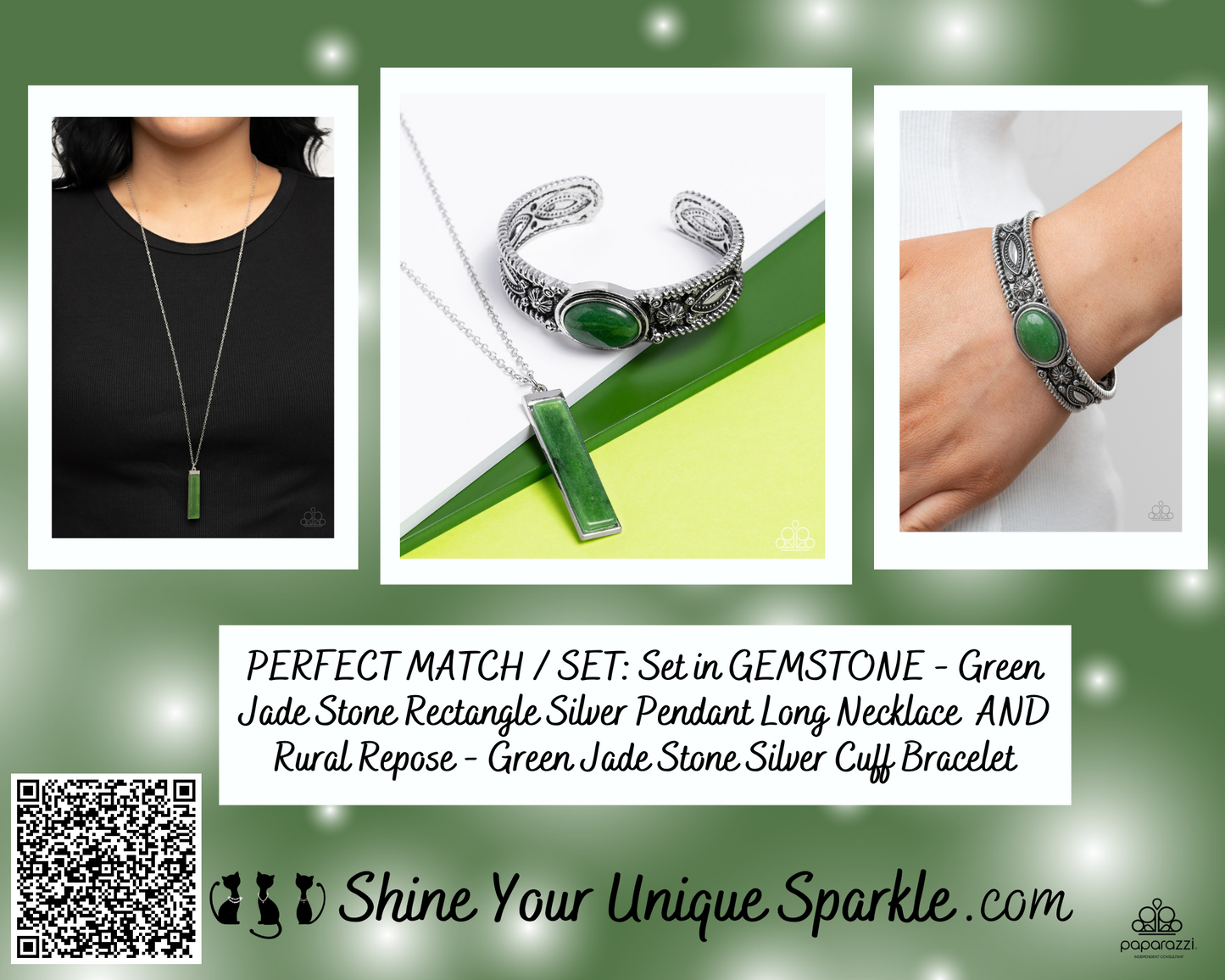 Set in GEMSTONE - Green Jade Stone Rectangle Silver Pendant Long Necklace