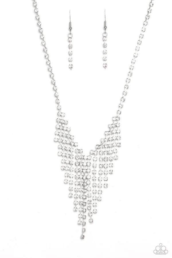 SHIMMER of Stars - White Rhinestone Fringe Silver Short Necklace