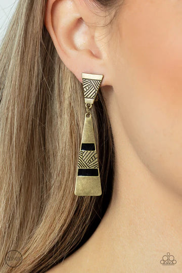 Safari Seeker - Brass Triangle Black Clip-On Earrings