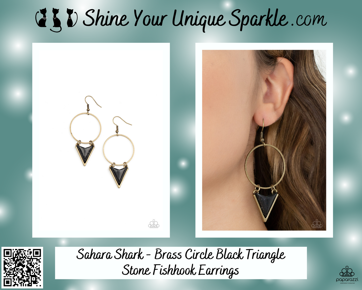 Sahara Shark - Brass Circle Black Triangle Stone Fishhook Earrings