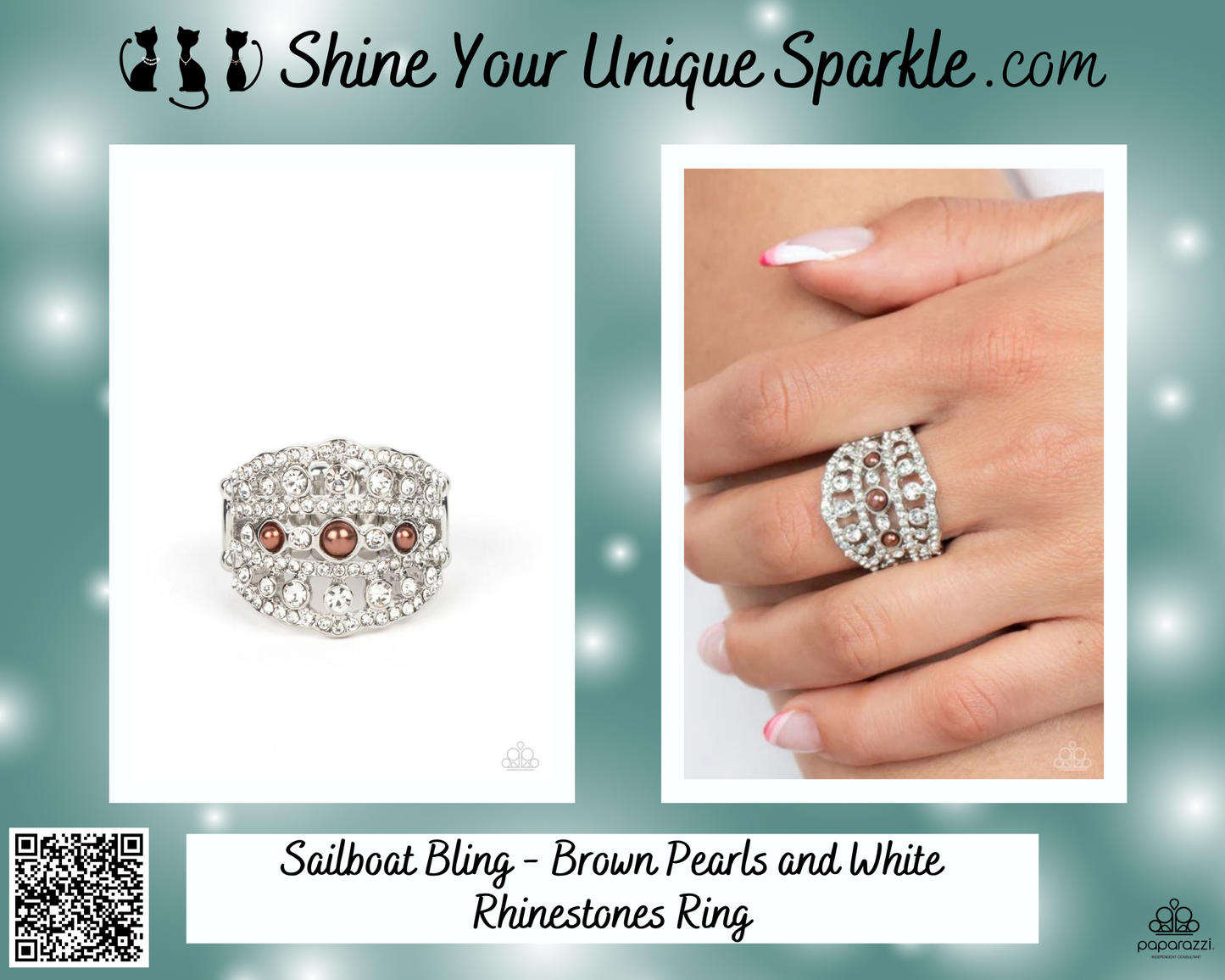 Sailboat Bling - Brown Pearls and White Rhinestones Ring