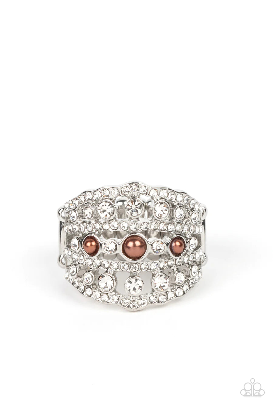 Sailboat Bling - Brown Pearls and White Rhinestones Ring