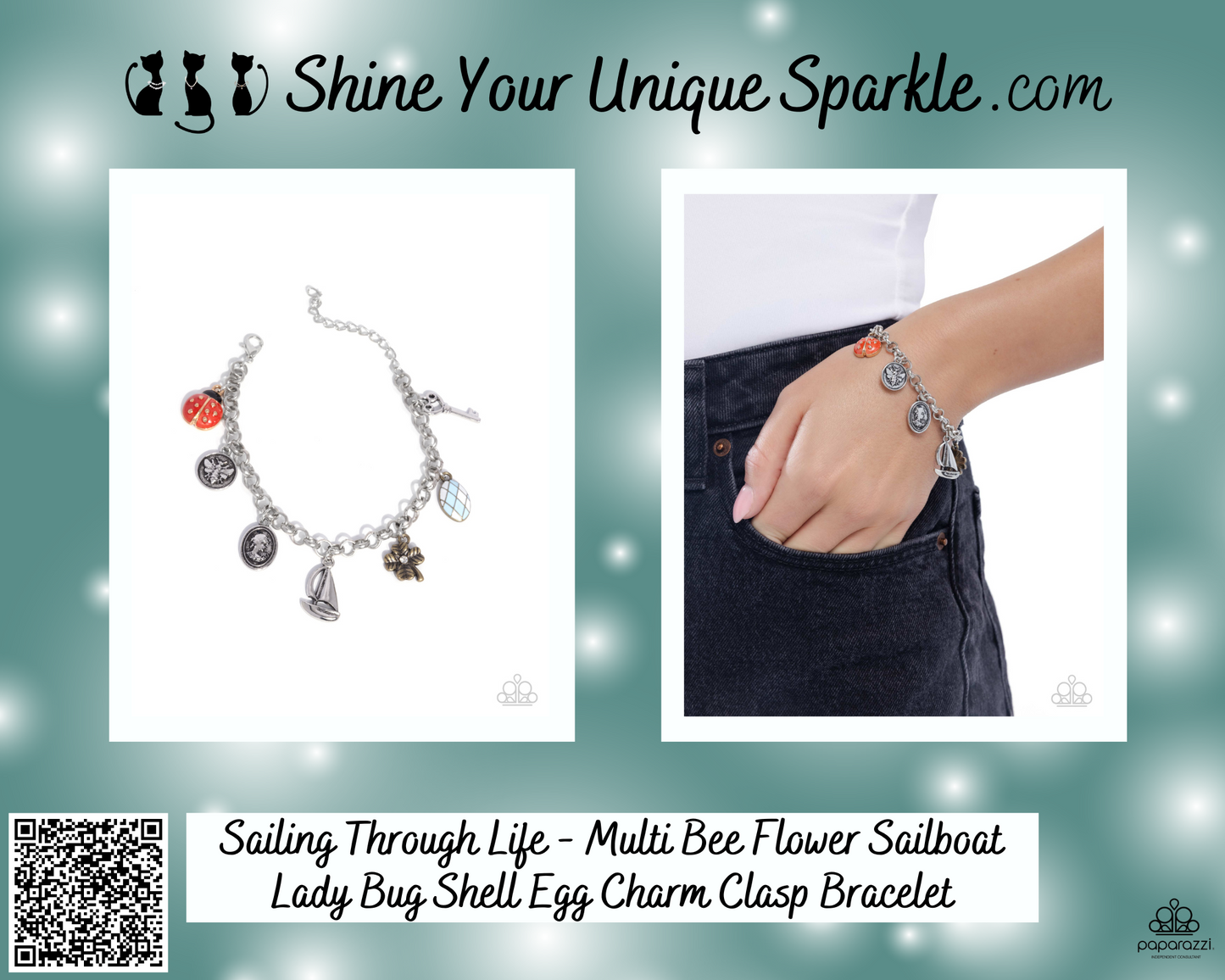 Sailing Through Life - Multi Bee Flower Sailboat Lady Bug Shell Egg Charm Clasp Bracelet
