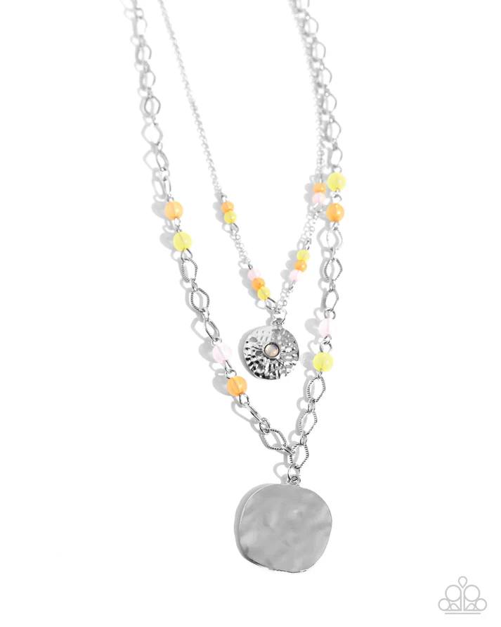 Sand Dollar Season - Pink Opalescent Beachy Silver Short Layered Necklace