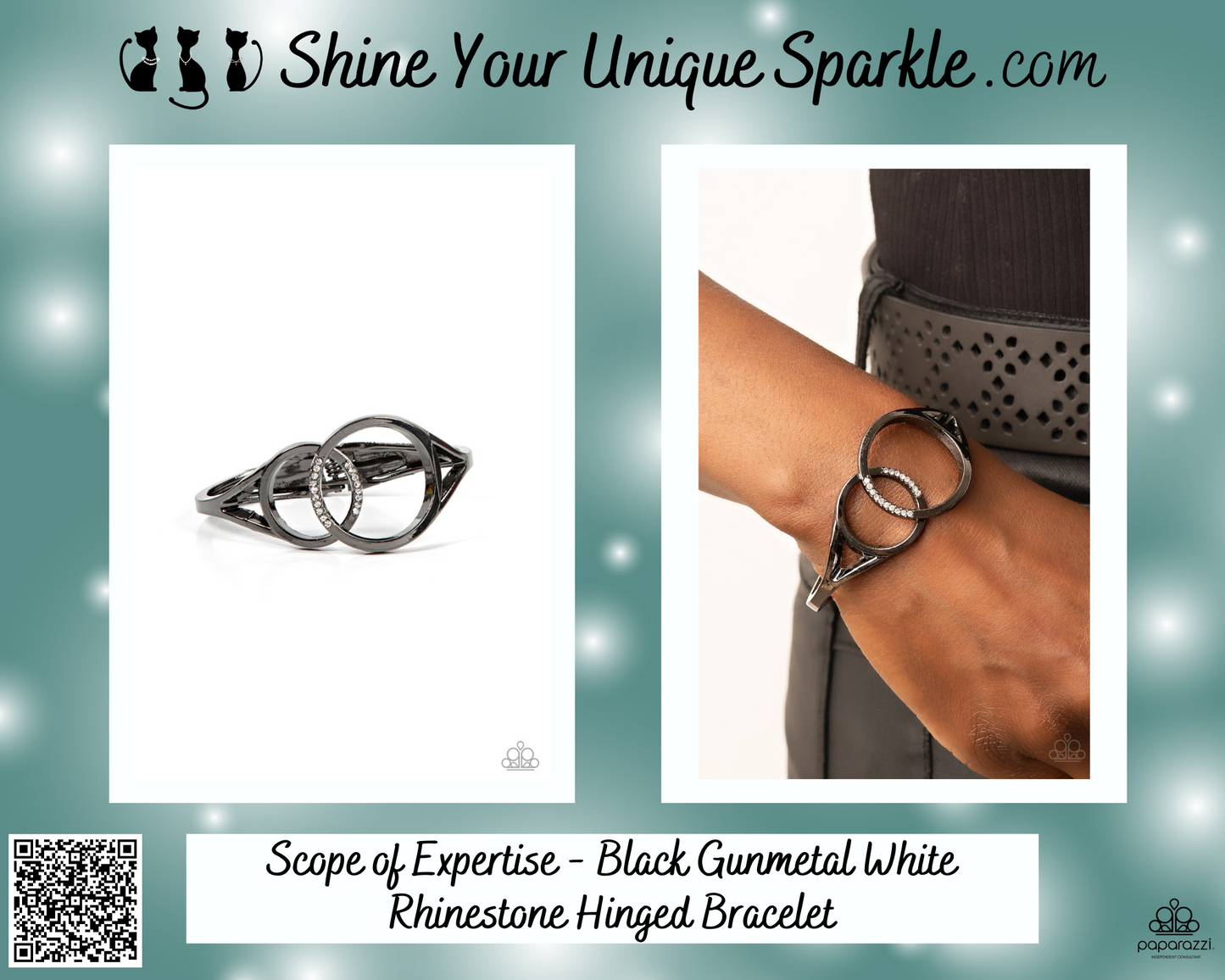 Scope of Expertise - Black Gunmetal White Rhinestone Hinged Bracelet