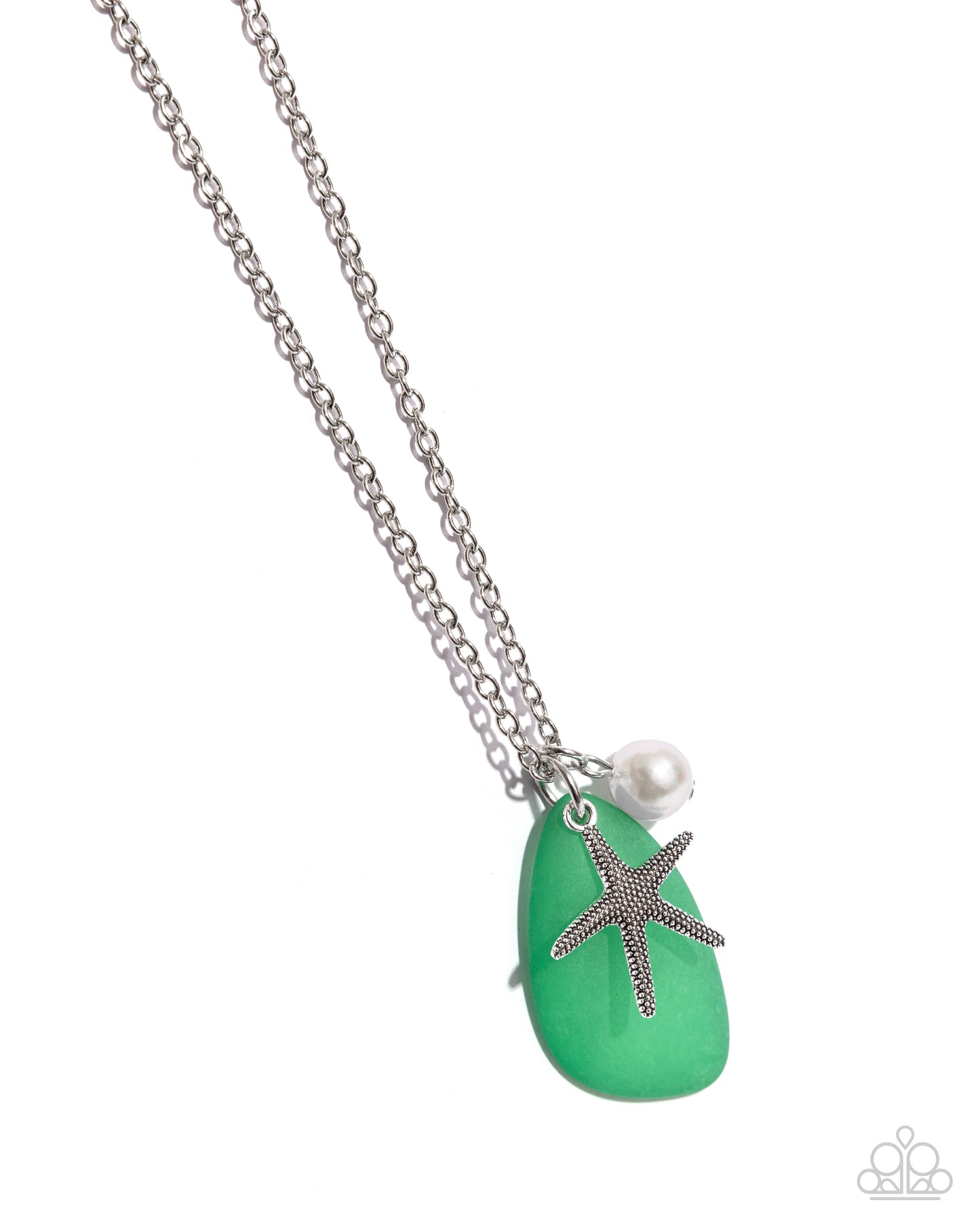 Sea Glass Stash - Green Stone Silver Starfish Pearl Medium-Length Necklace