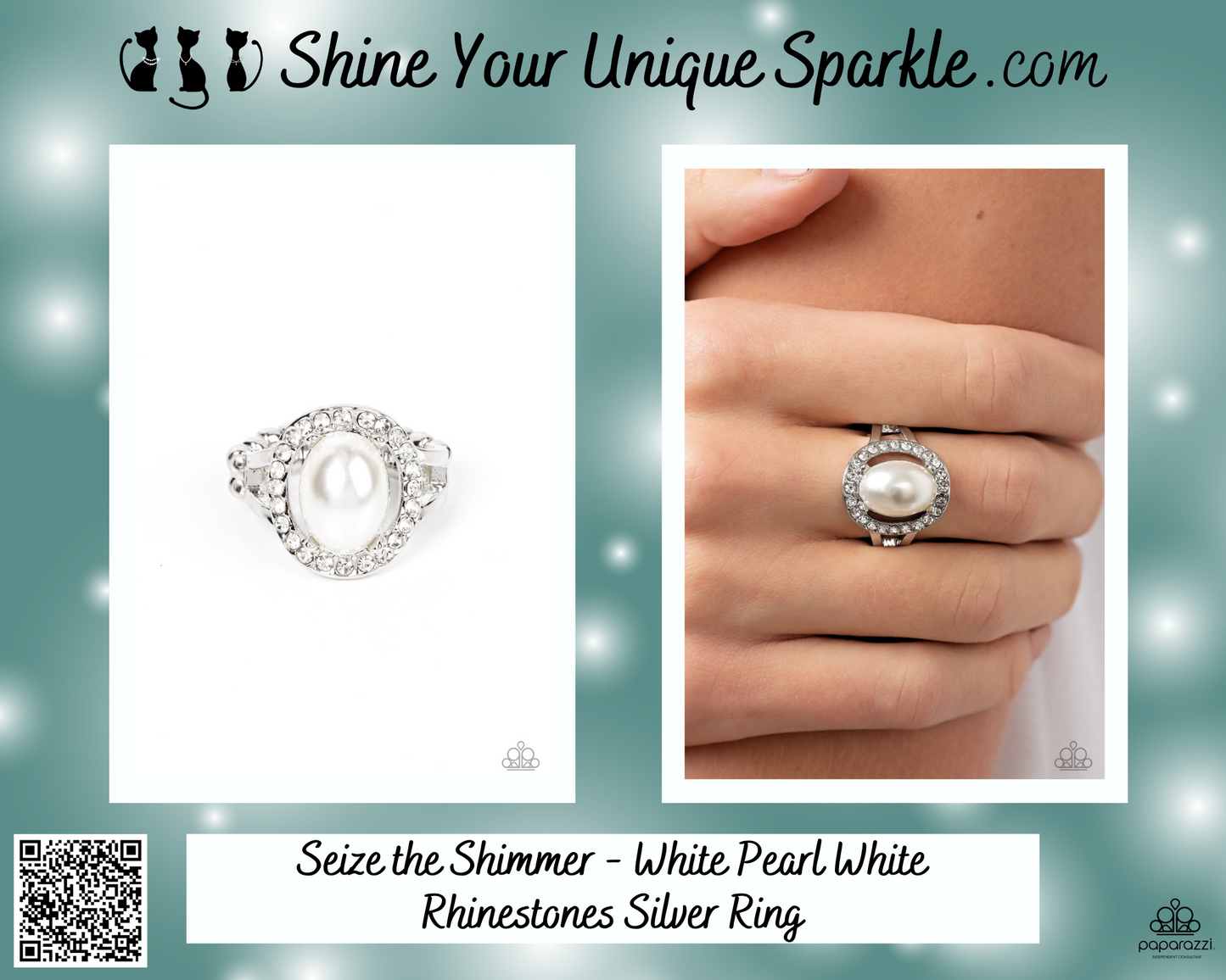 Seize the Shimmer - White Pearl White Rhinestones Silver Ring