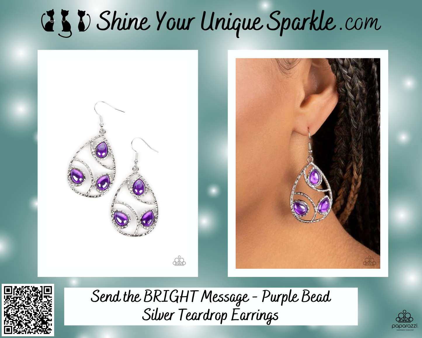 Send the BRIGHT Message - Purple Bead Silver Teardrop Earrings