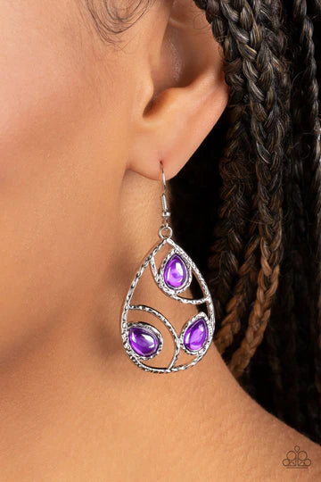 Send the BRIGHT Message - Purple Bead Silver Teardrop Earrings