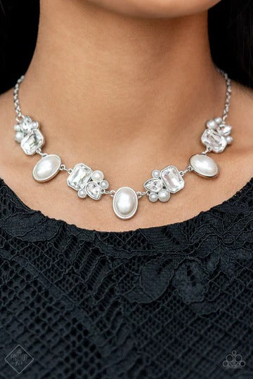 Sensational Showstopper - White Pearl White Gem Silver Short Necklace - Fashion Fix