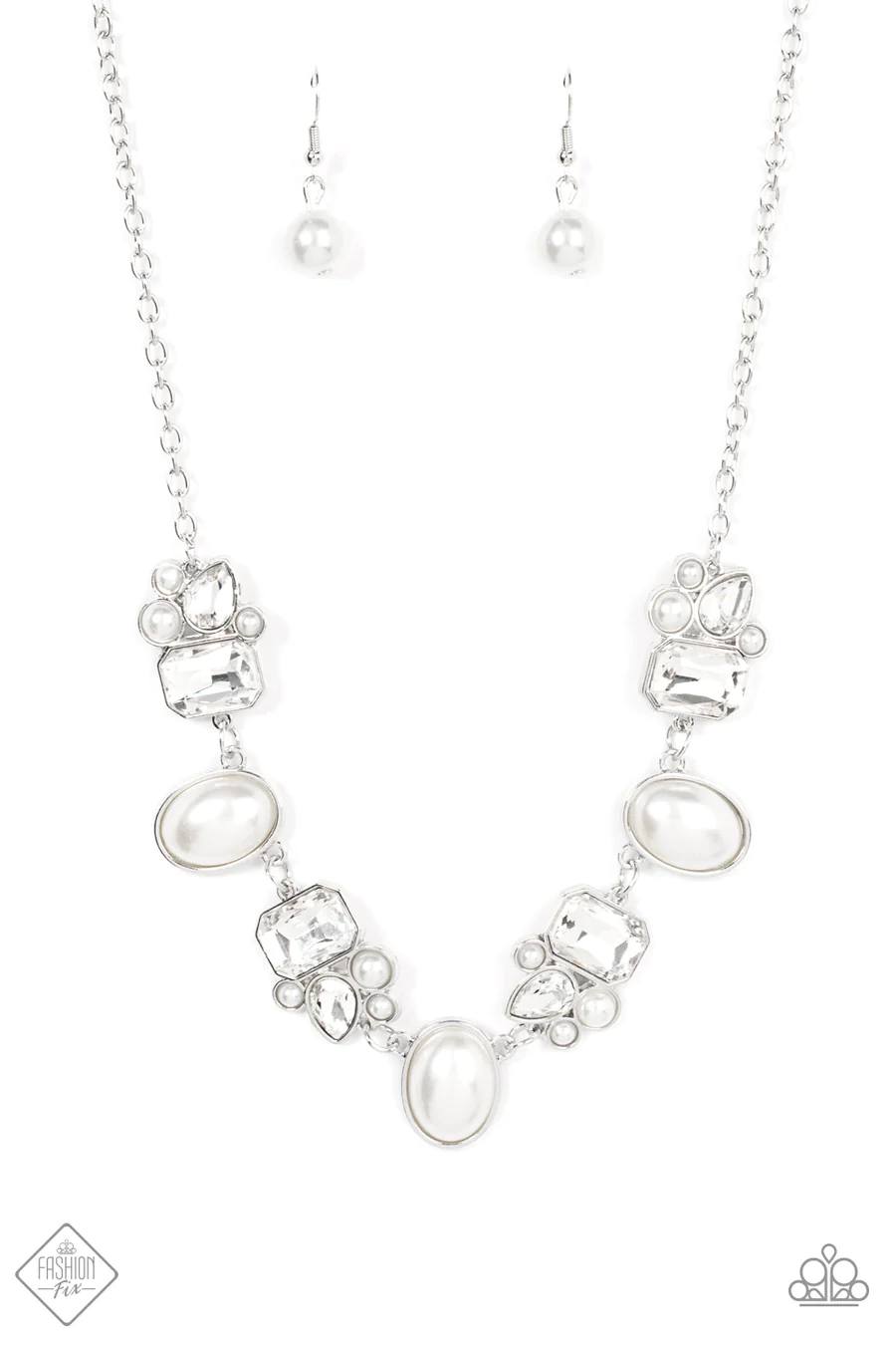 Sensational Showstopper - White Pearl White Gem Silver Short Necklace - Fashion Fix