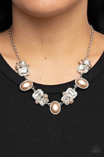 Sensational Showstopper - Brown Pearl White Gem Silver Short Necklace