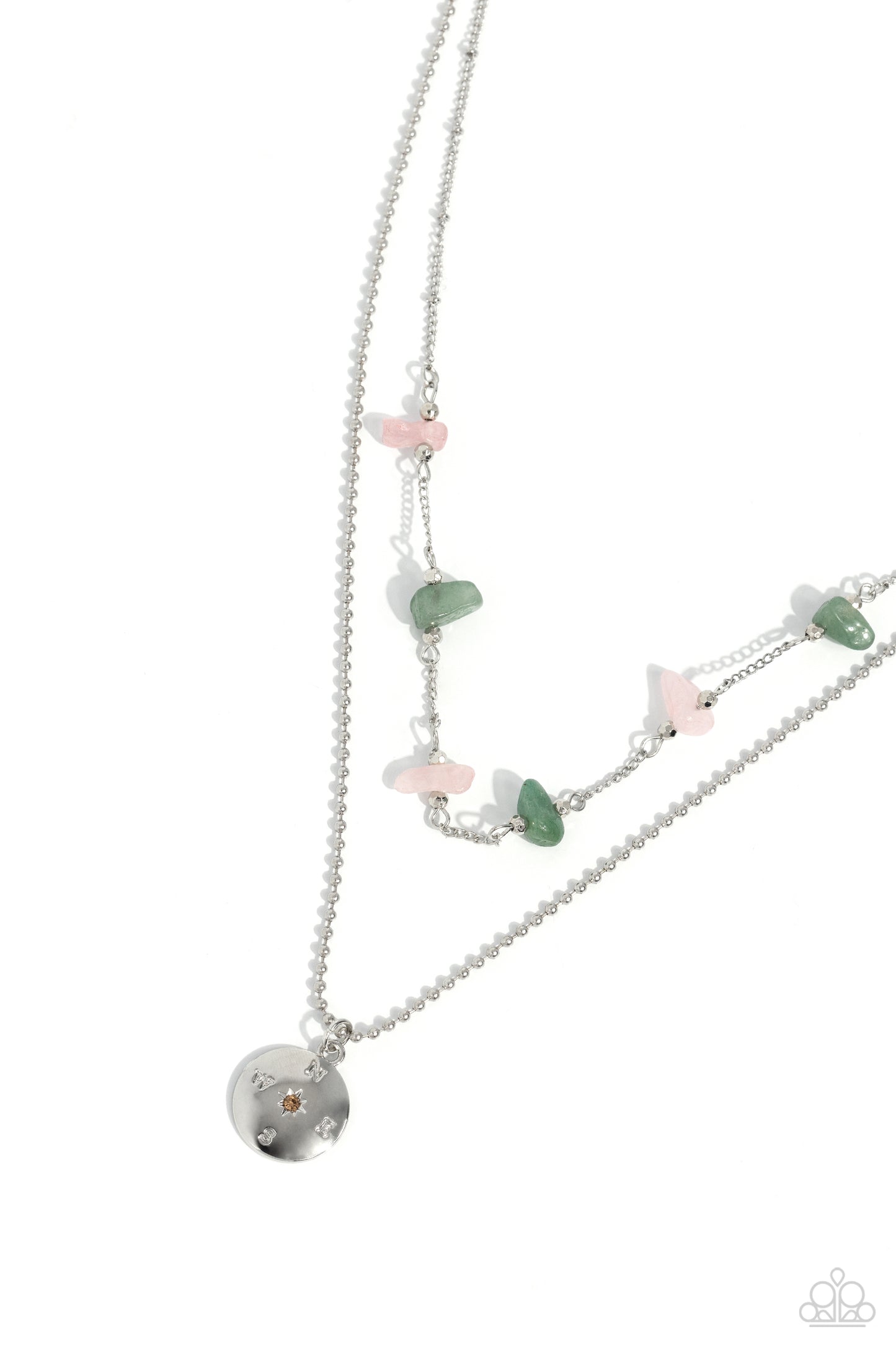 Sense of Direction - Pink and Jade Stone Compass Silver Layered Short Necklace