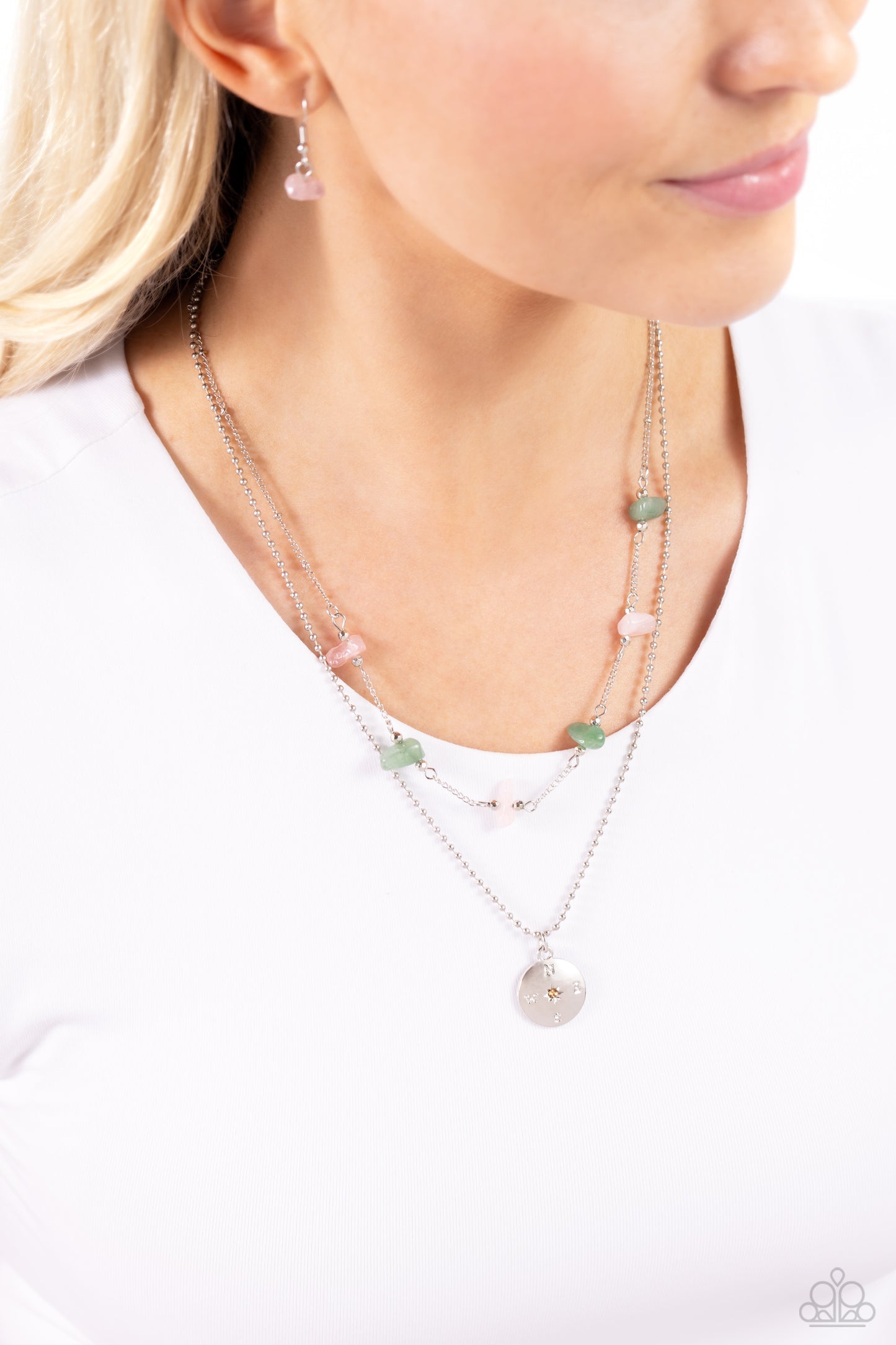 Sense of Direction - Pink and Jade Stone Compass Silver Layered Short Necklace
