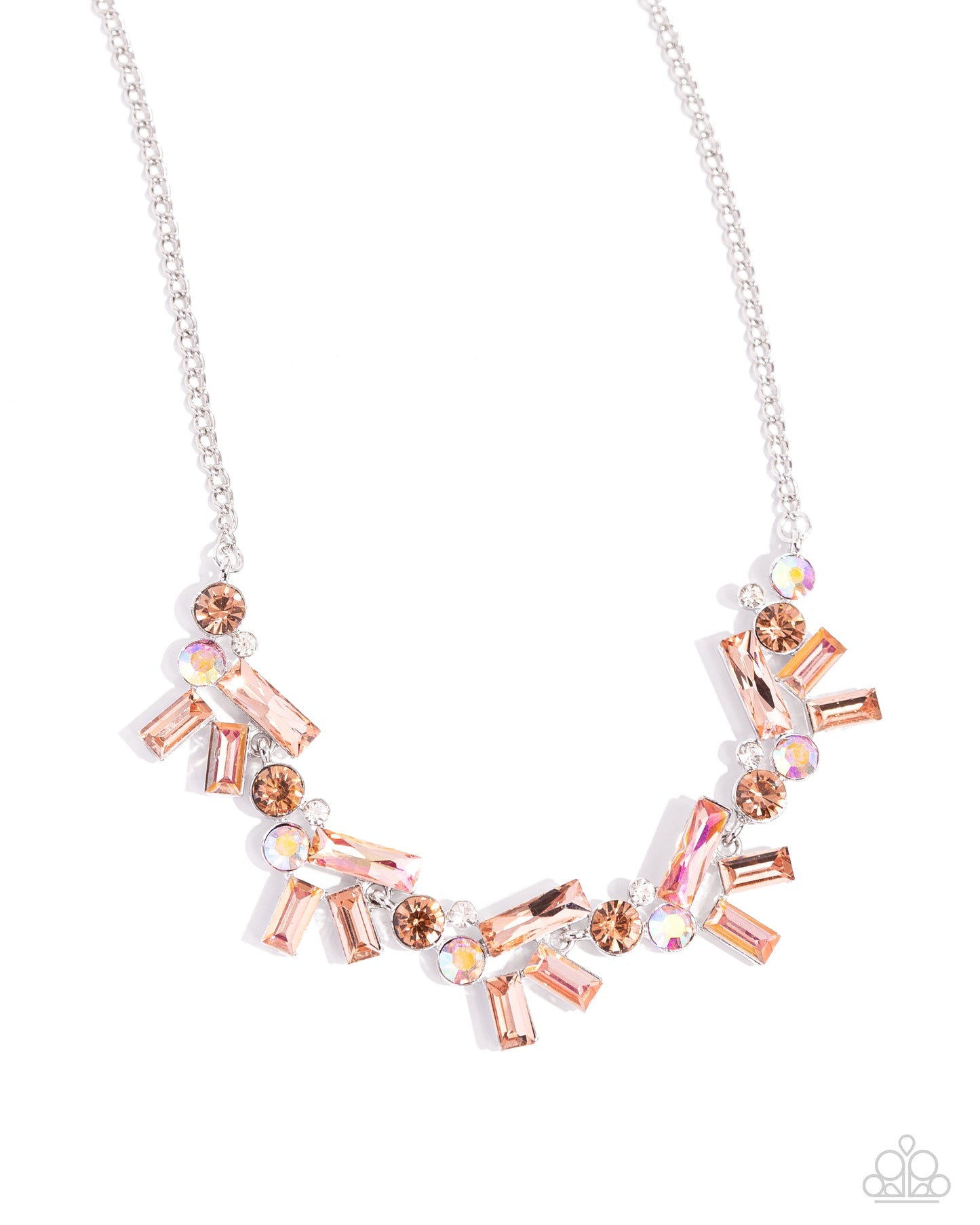 Serene Statement - Orange Iridescent, Peach, and UV Rhinestones and Gems Silver Short Necklace