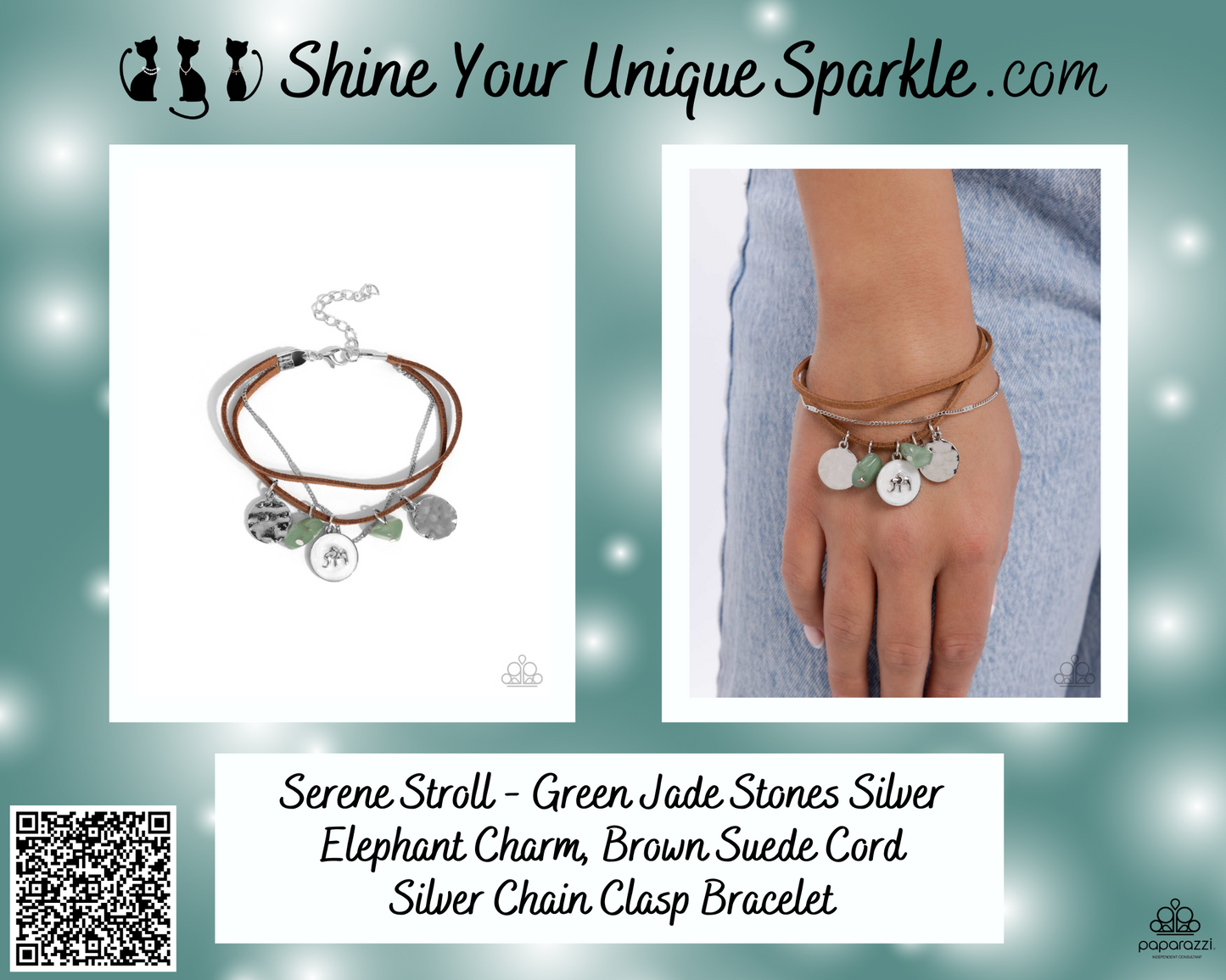 Serene Stroll - Green Jade Stones Silver Elephant Charm, Brown Suede Cord Silver Chain Clasp Bracelet