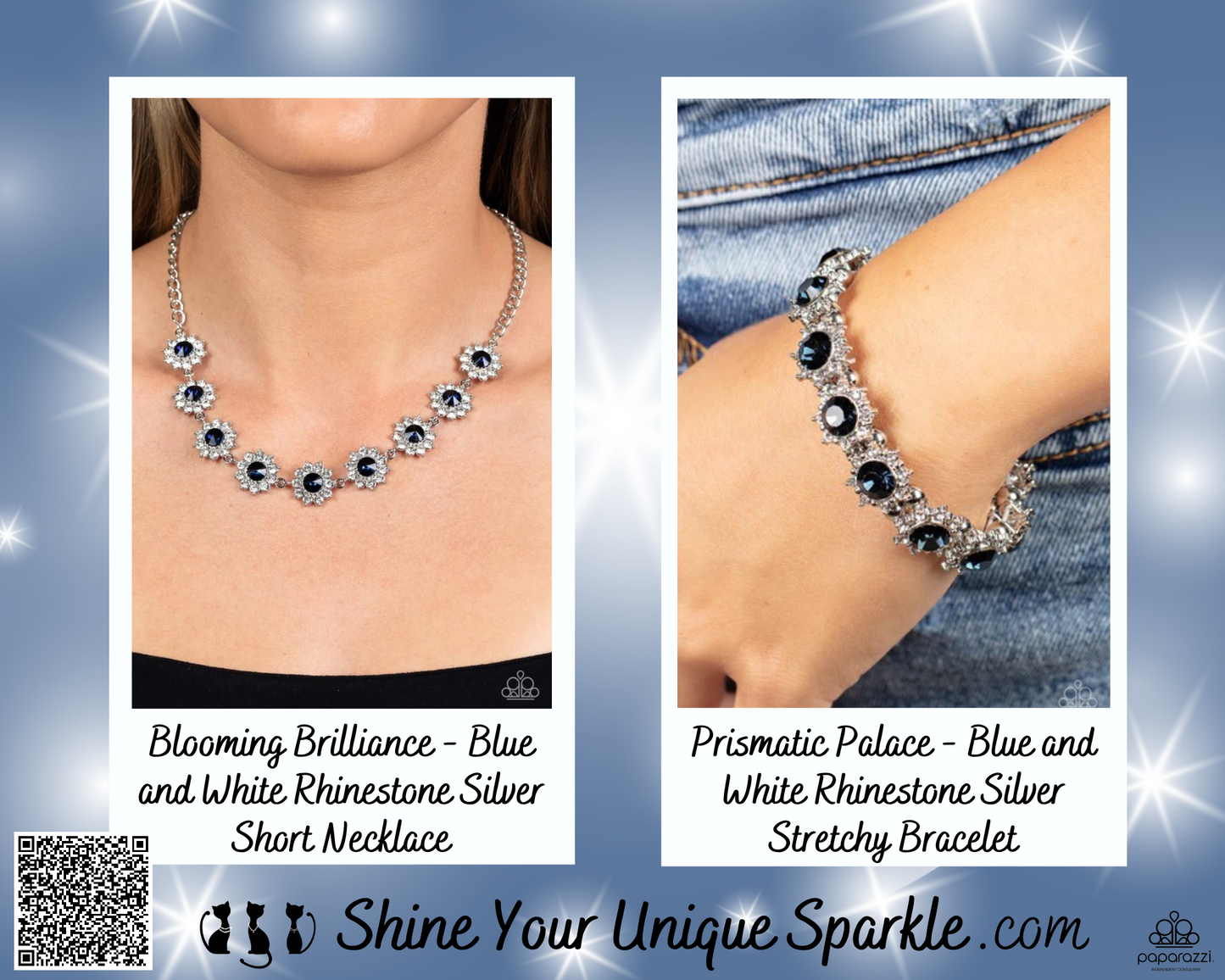 Blooming Brilliance - Blue and White Rhinestone Silver Short Necklace