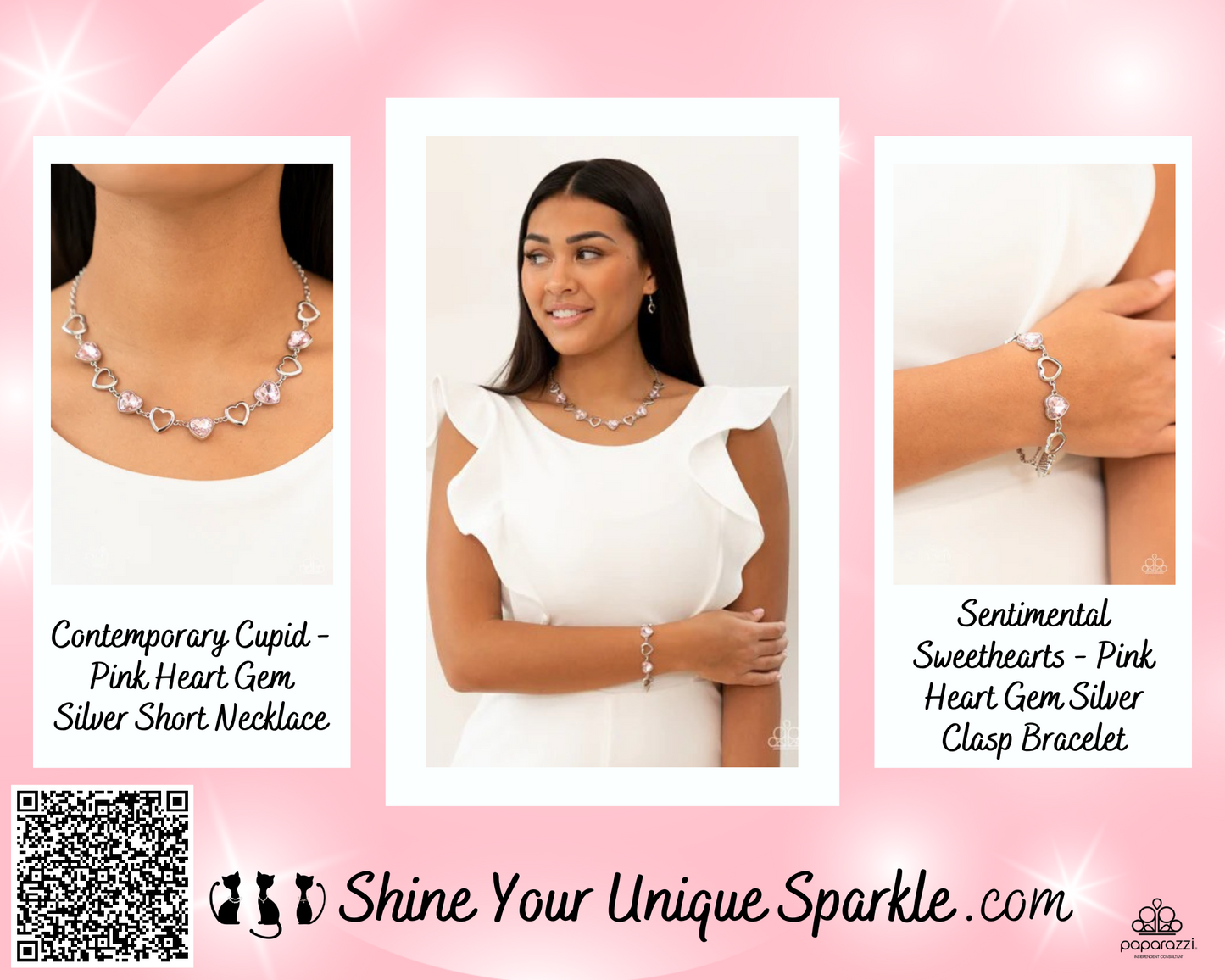 Contemporary Cupid - Pink Heart Gem Silver Short Necklace