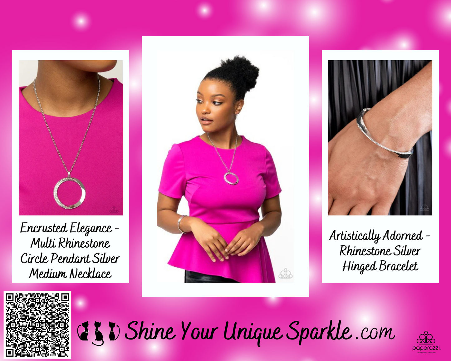 PERFECT MATCH / SET: Encrusted Elegance - Multi Rhinestone Circle Pendant Silver Medium Necklace AND Artistically Adorned - Rhinestone Silver Hinged Bracelet