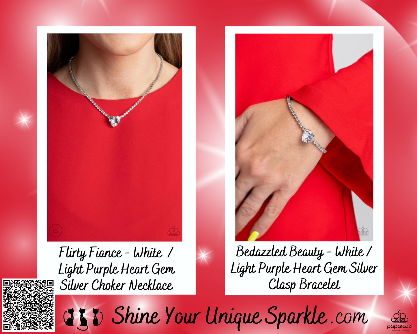 PERFECT MATCH / SET: Flirty Fiance - White Light Purple Heart Gem Silver Choker Necklace AND Bedazzled Beauty - White Light Purple Heart Gem Silver Clasp Bracelet