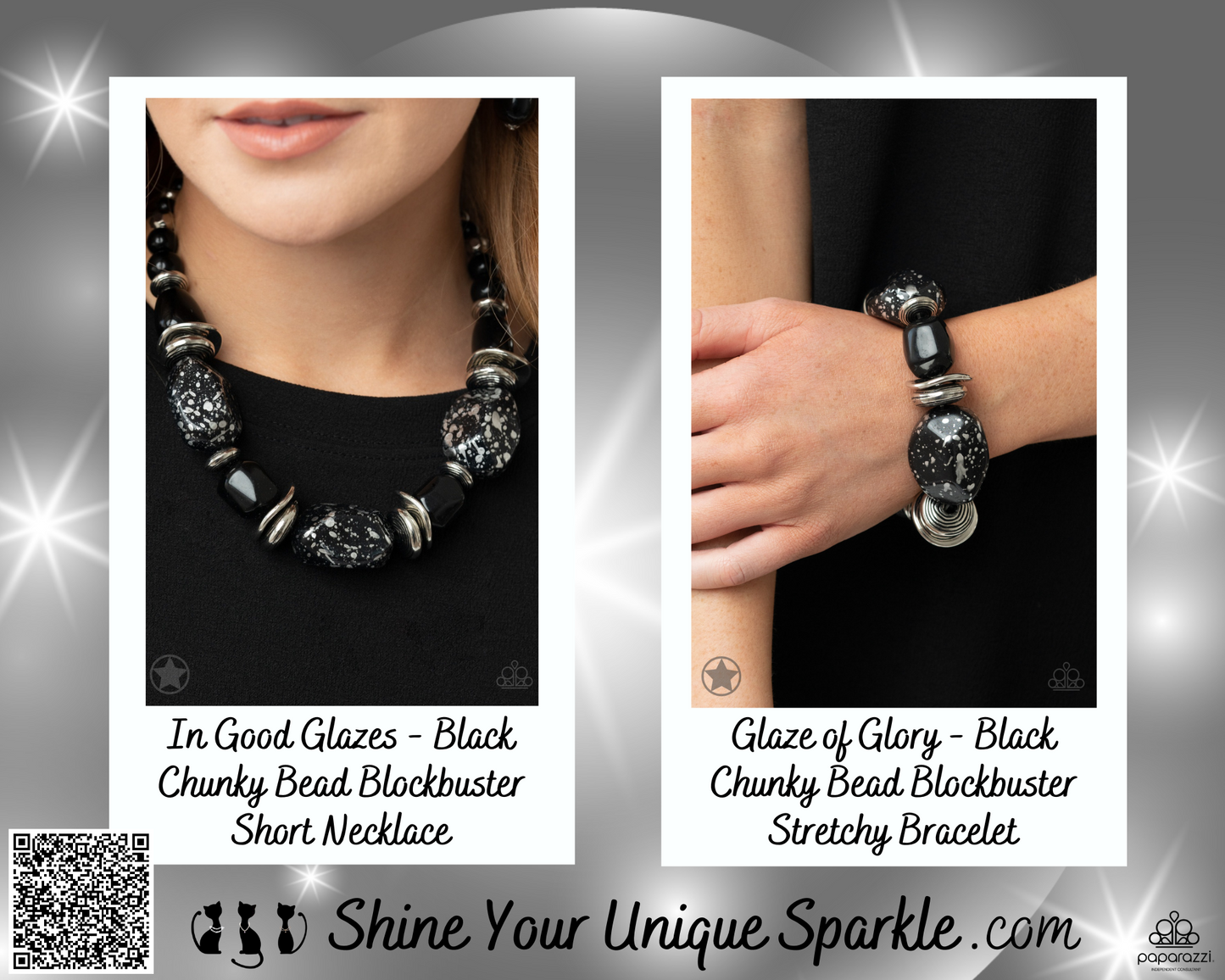 PERFECT MATCH / SET: In Good Glazes - Black Chunky Bead Blockbuster Short Necklace and Glaze of Glory - Black Chunky Bead Blockbuster Stretchy Bracelet